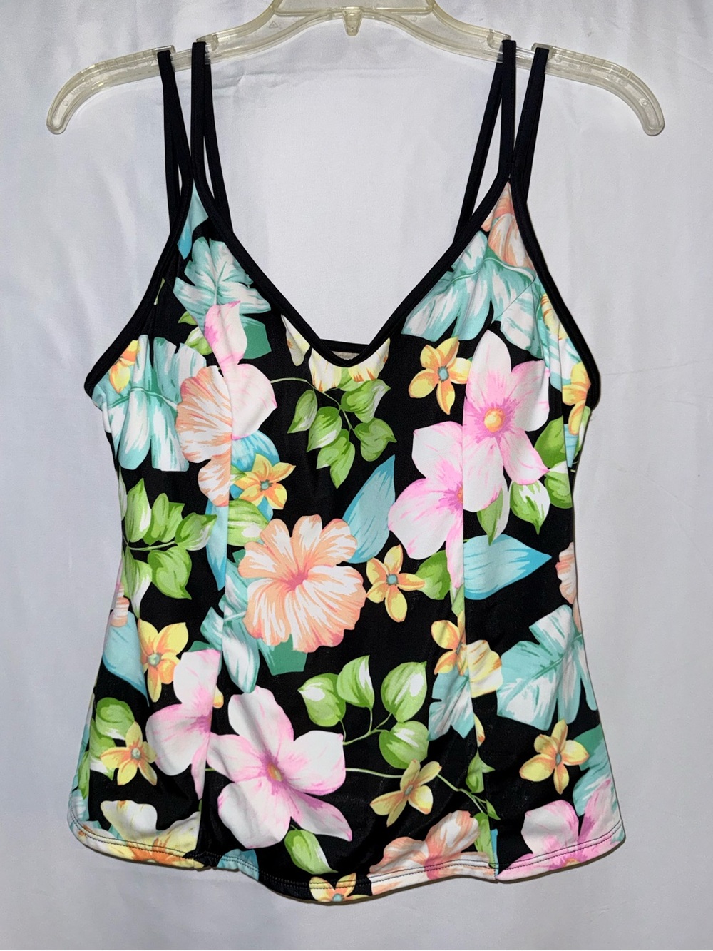 Miraclesuit Black Floral V-Neck Double Strap Tankini Swim Top Size 14